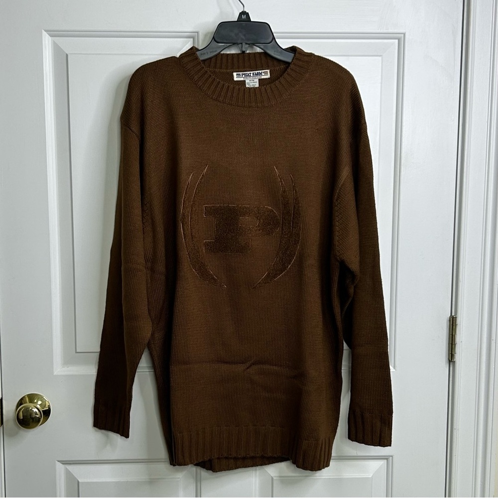 PHAT FARM Sweater Men's Medium Crew Neck Knit Pullover Brown Logo Lettering Y2K